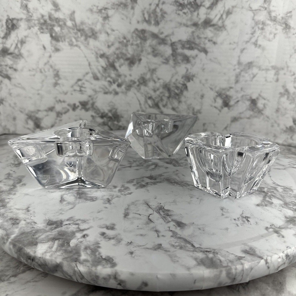 Orrefors Sweden Heavy Crystal‎ Tea Light Votive Holder Set of 3 Geometric